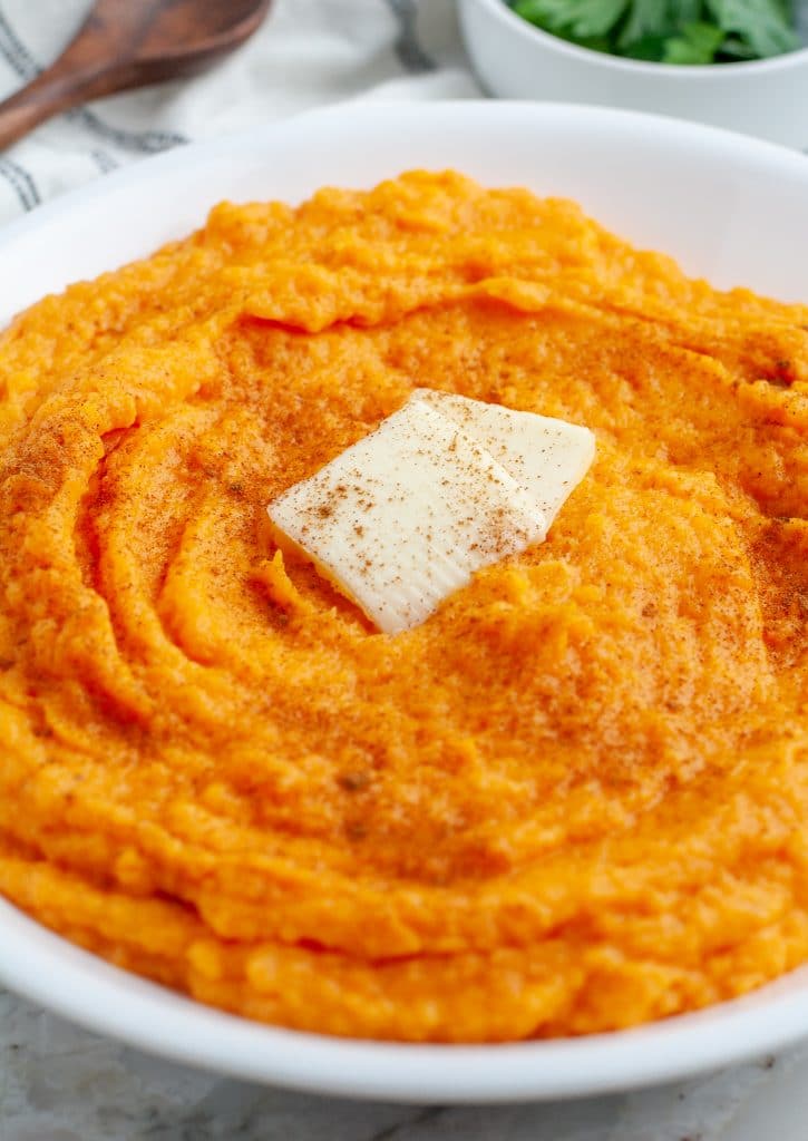 Bowl of mashed sweet potatoes.