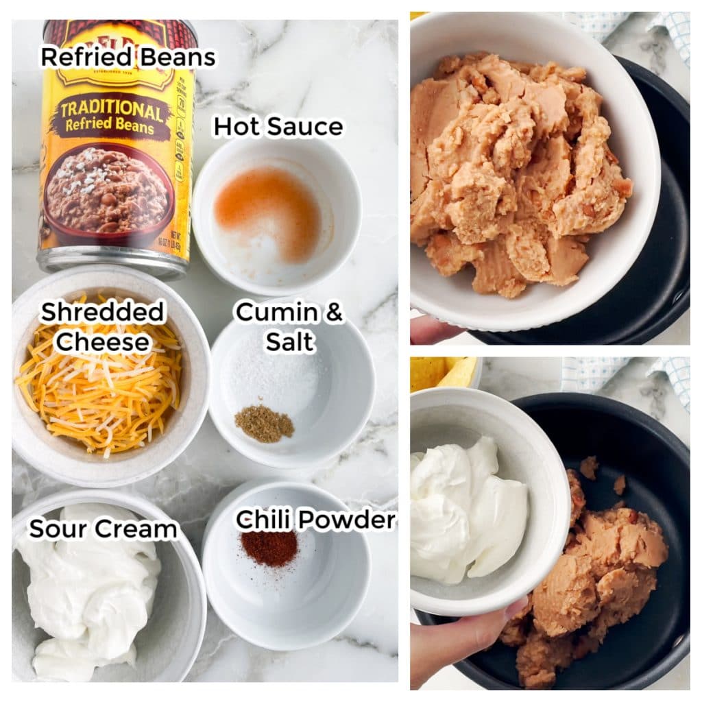 Can of beans, bowl of cheese, sour cream, seasonings, hot sauce.