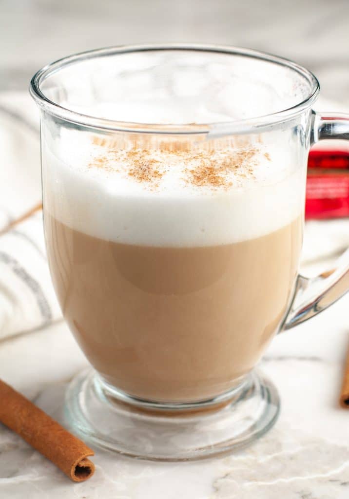 Coffee mug filled with a hot latte.