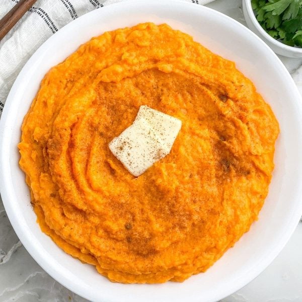 Bowl of mashed sweet potatoes.