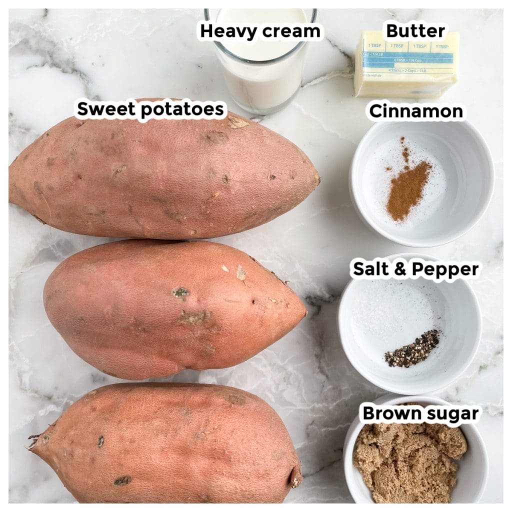 Sweet potatoes, bowl of cream, butter, cinnamon, brown sugar, salt and pepper.