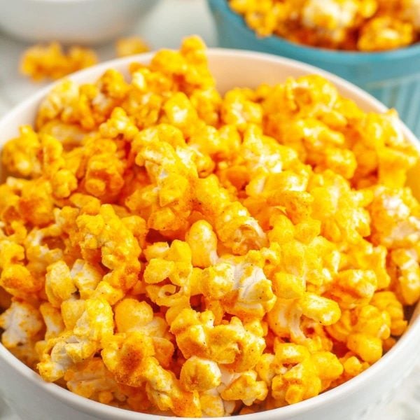 Bowl of cheese popcorn.