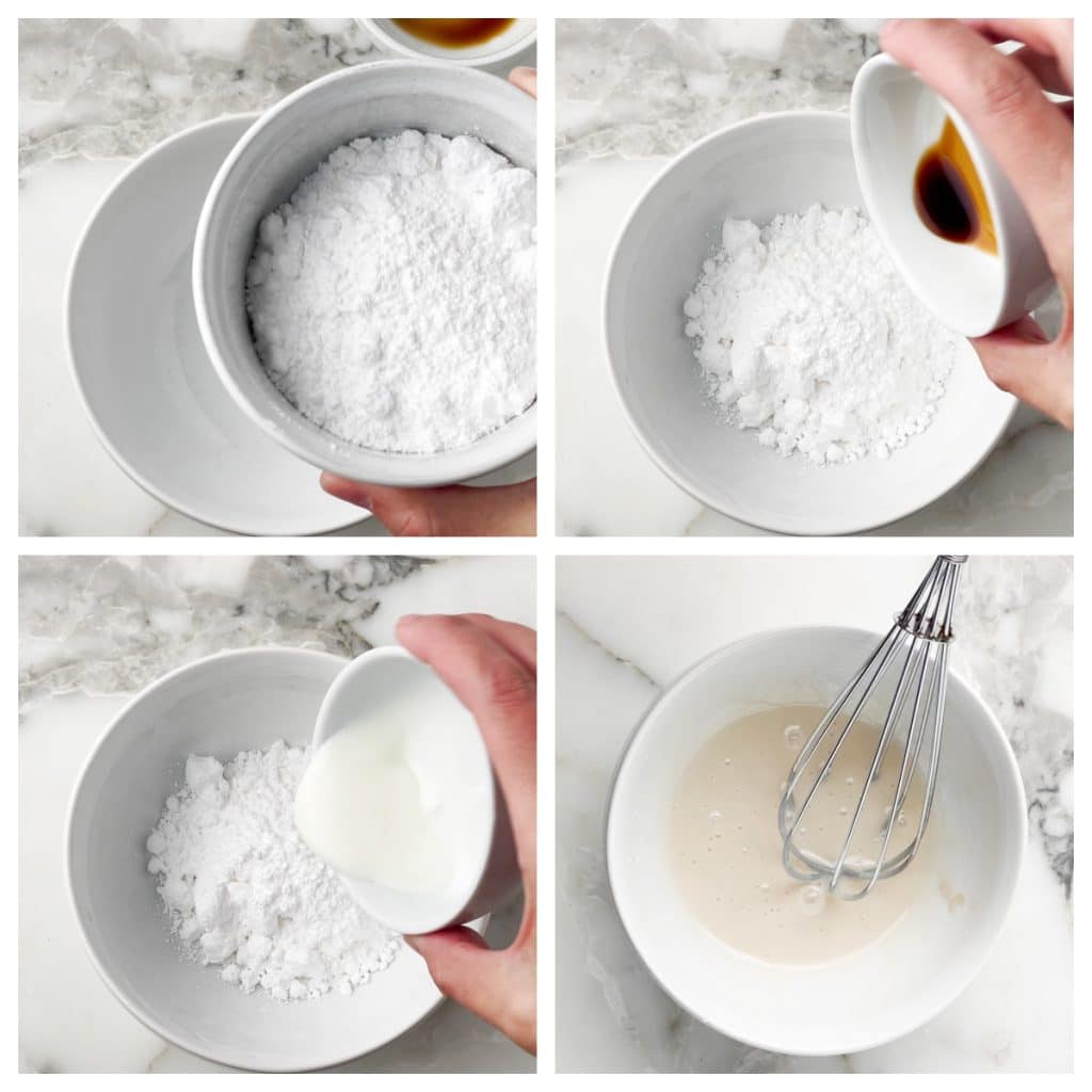 Bowl of powder sugar, milk, and vanilla.