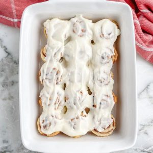 Baking dish with cinnamon rolls.