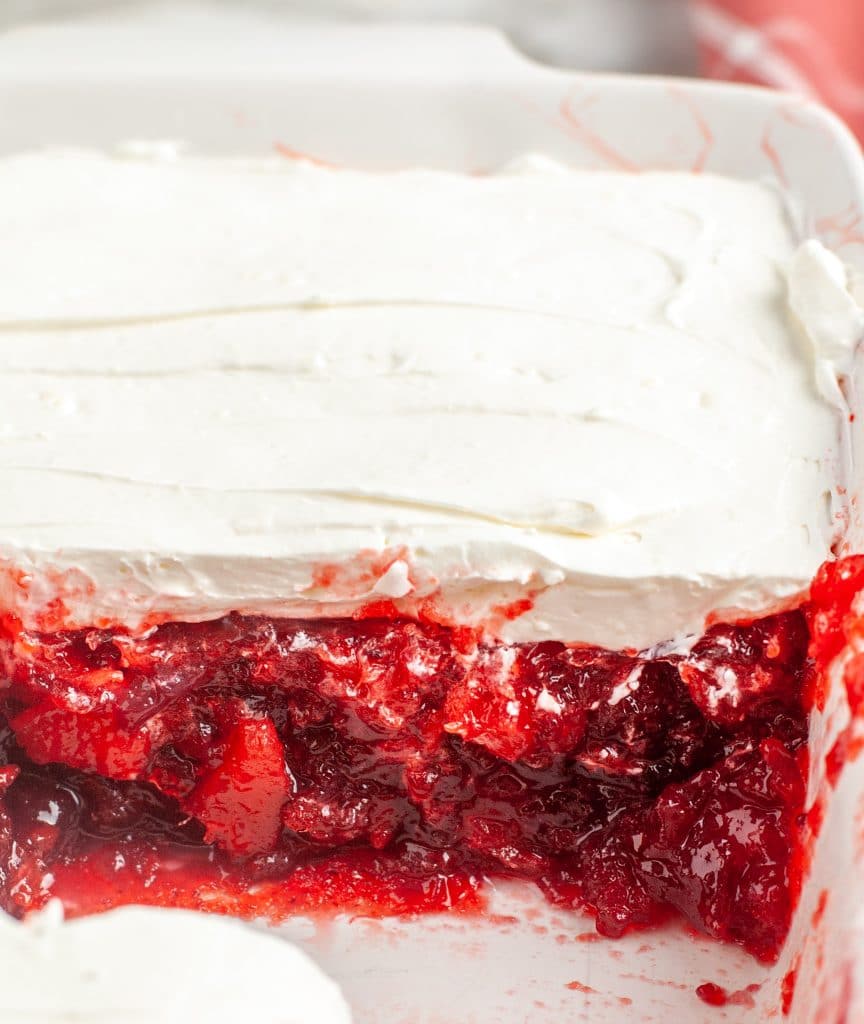 Casserole dish with cranberry jello.