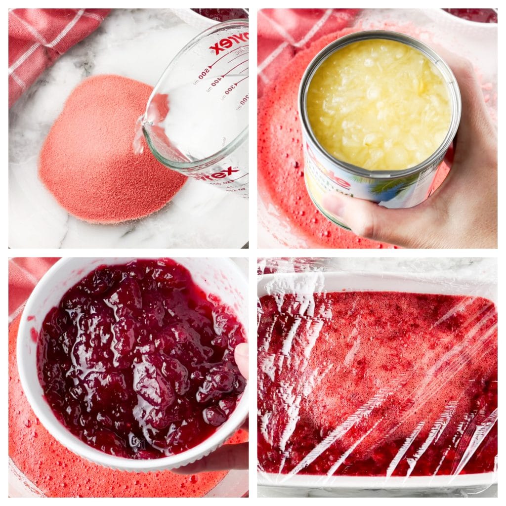 Gelatin powder in bowl with crushed pineapple, cranberries.