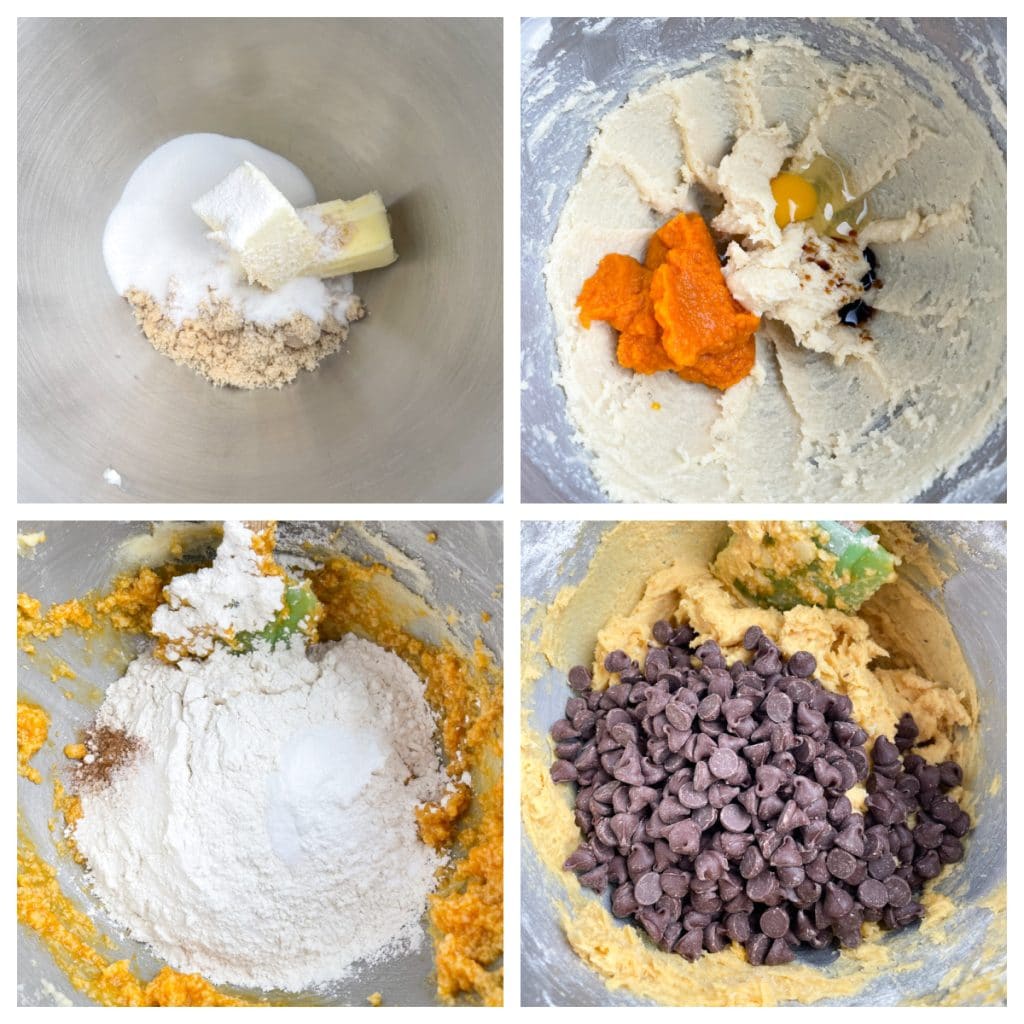 Mixing bowl with sugar, flour, pumpkin, and chocolate chips.