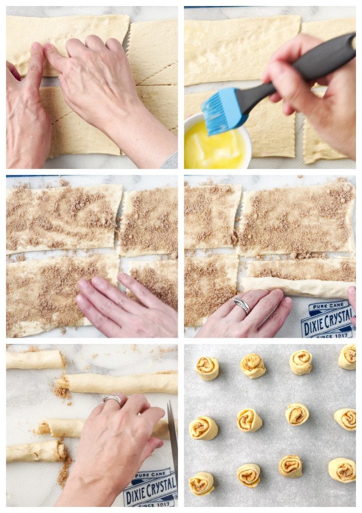 Crescent roll dough with butter, cinnamon, and sugar.