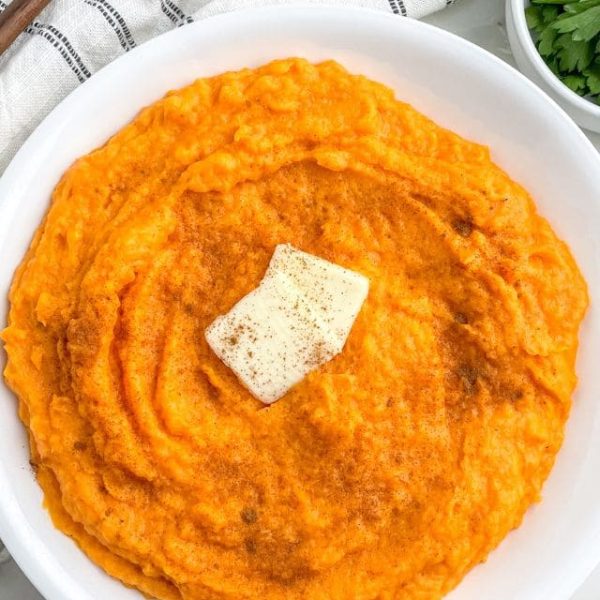 Bowl of whipped sweet potatoes.