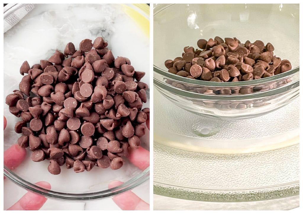 Bowl of chocolate chips in microwave.