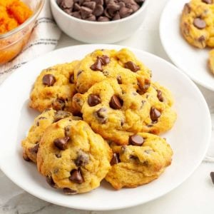 Plate of chocolate chip cookies.