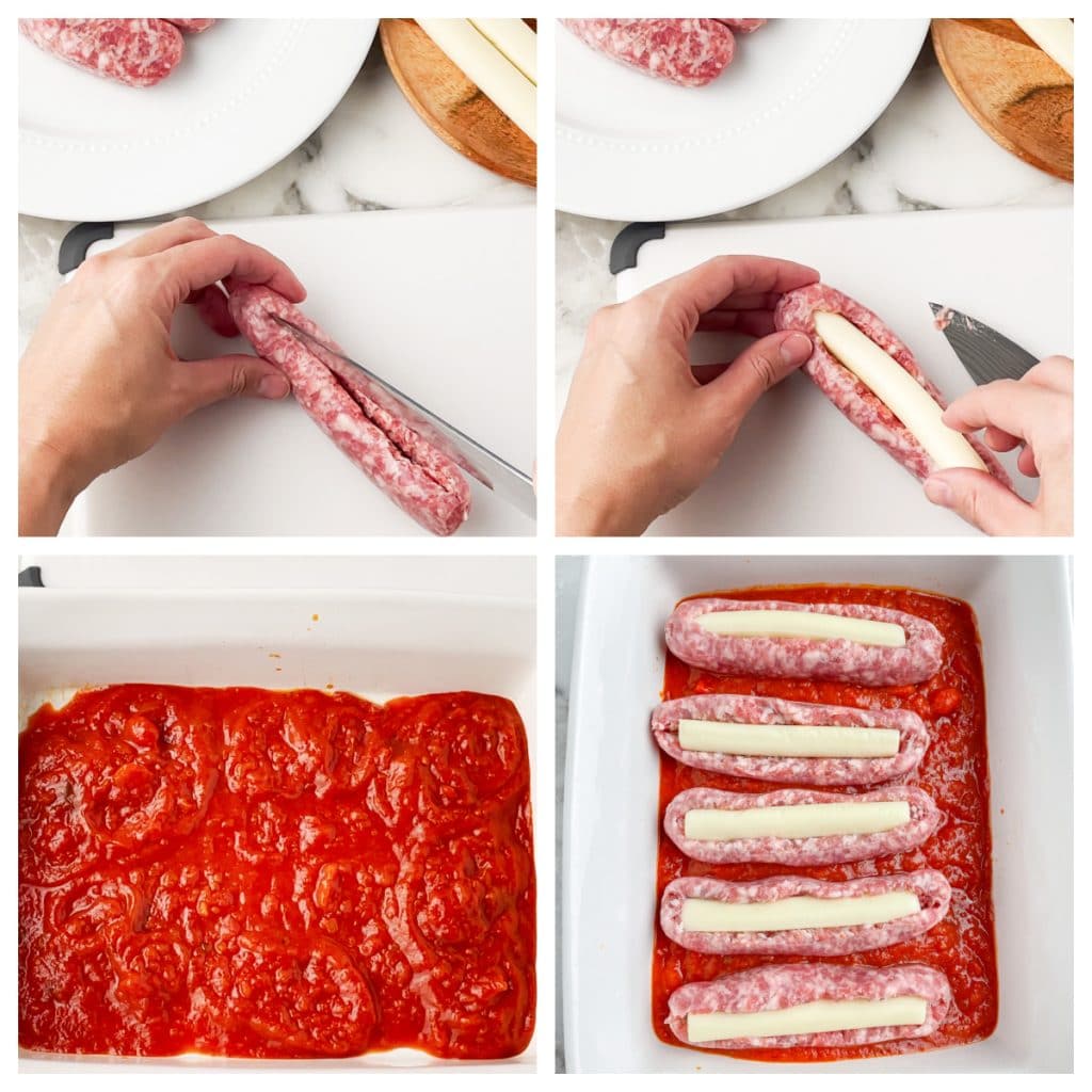 Sausage cut in half with cheese stick, dish with marinara and sausages.