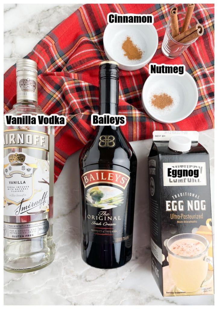 Vanilla vodka, baileys, eggnog, cinnamon, and nutmeg.