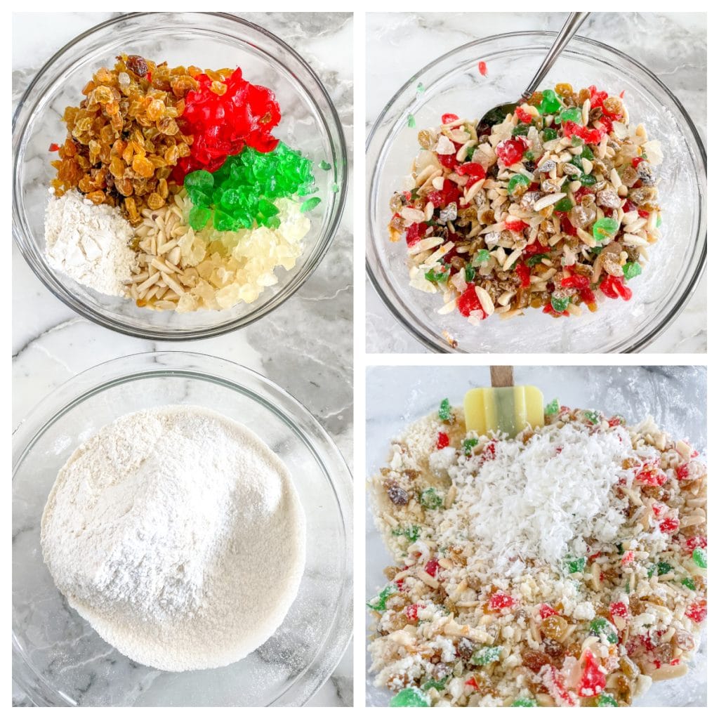 Candied fruits, nuts, bowl of flour. 