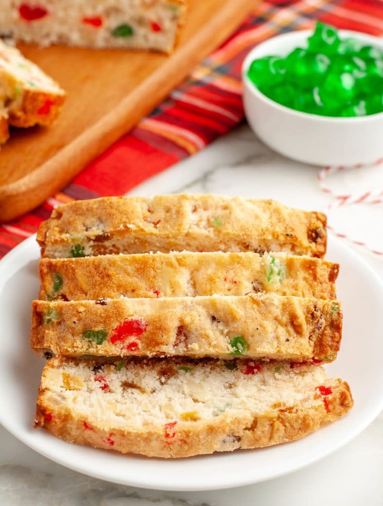 sliced fruitcake on a plate.