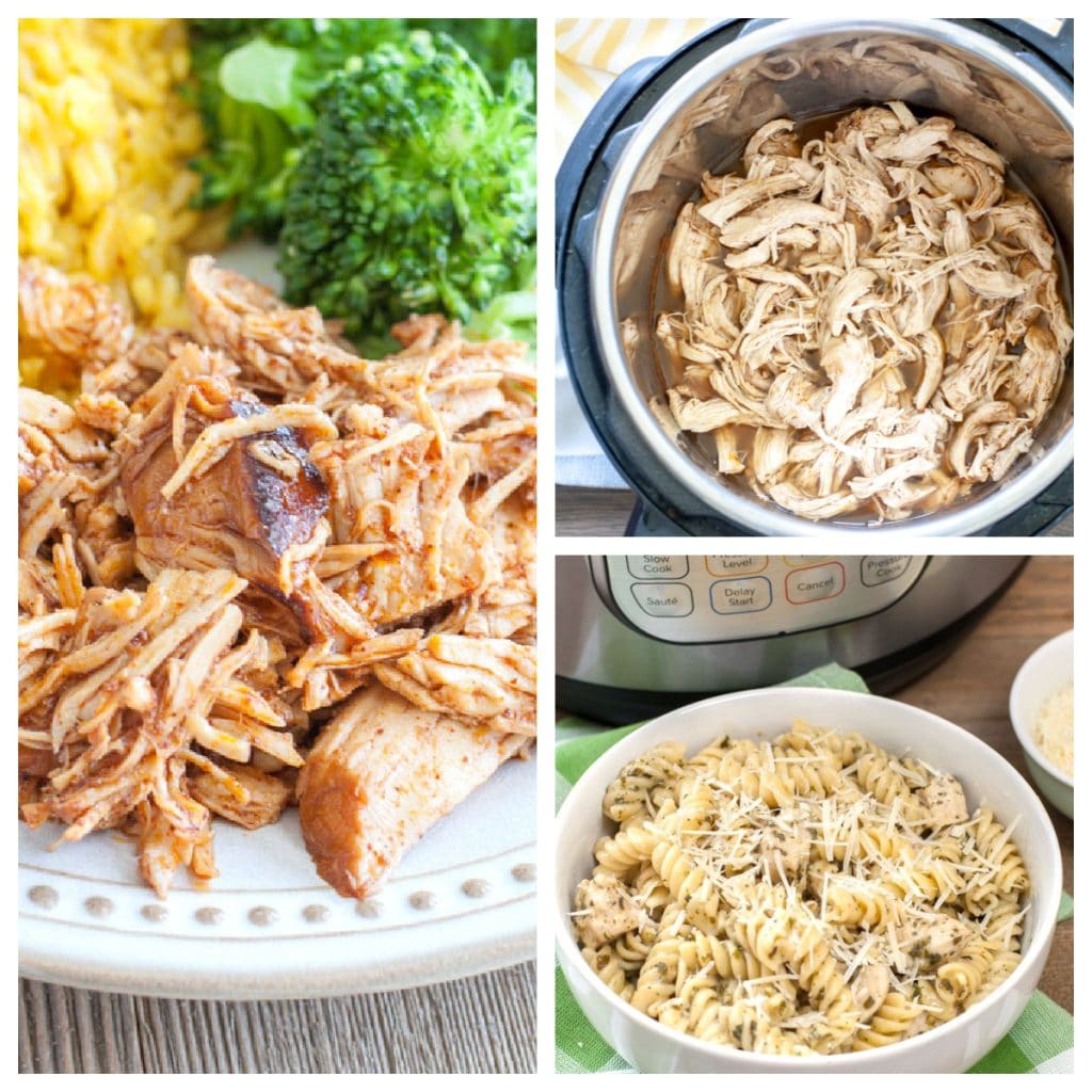 Shredded chicken on plate and in pressure cooker.