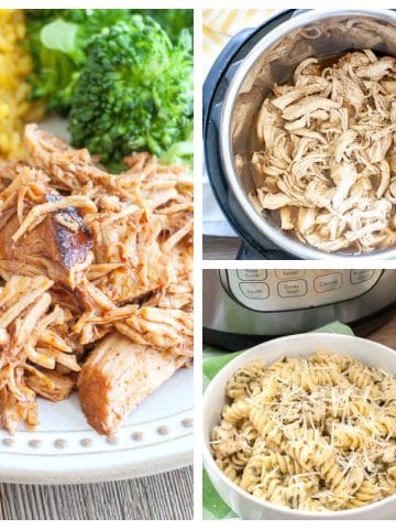 Shredded chicken on plate and in pressure cooker.