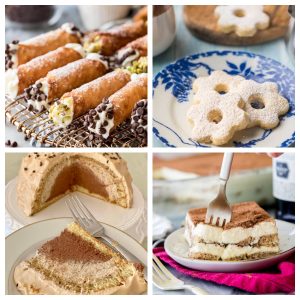 Plate of cannolis, cookies, cake, and tiramisu