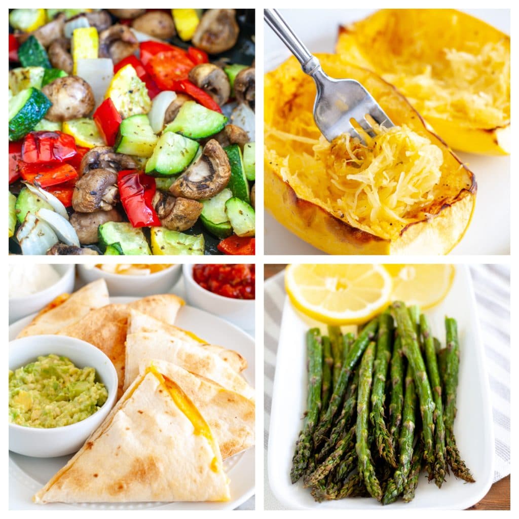 Mixed vegetables, spaghetti squash, quesadillas, plate of asparagus.