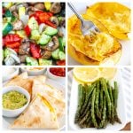 Mixed vegetables, spaghetti squash, quesadillas, plate of asparagus.