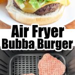 Hamburger on a plate and frozen burger patties in air fryer.