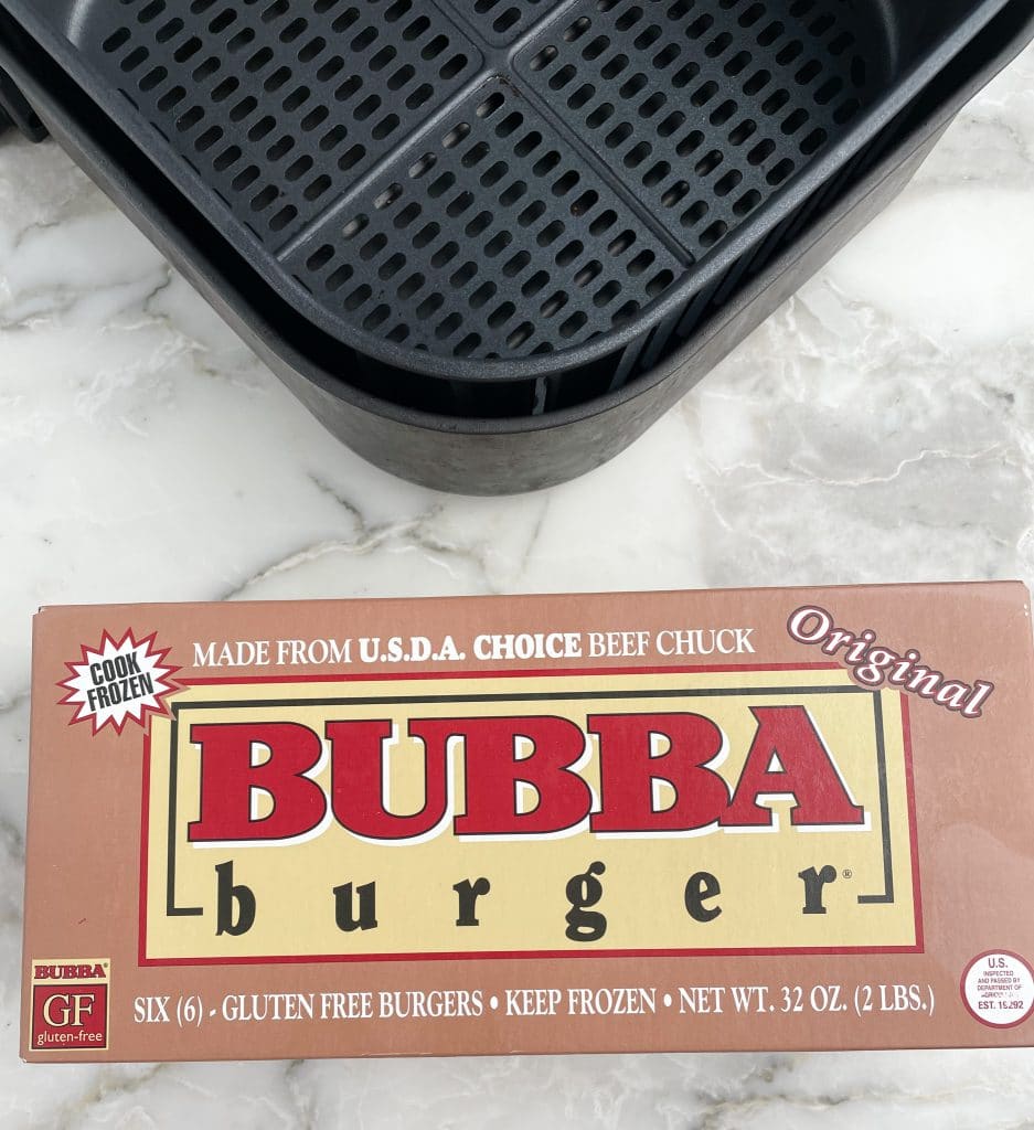 Box of Bubba burgers and an air fryer basket.