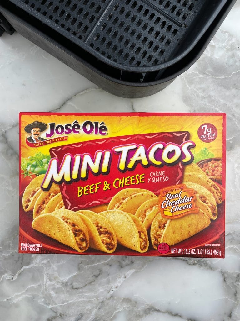 Box of Jose Ole frozen mini tacos. 