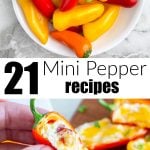 Bowl of mini peppers and hand holding stuffed red pepper.