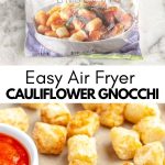 Cooked gnocchi with bowl of sauce.