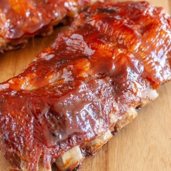 Ribs on a cutting board.