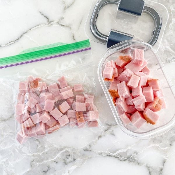 Bag and container of diced ham.