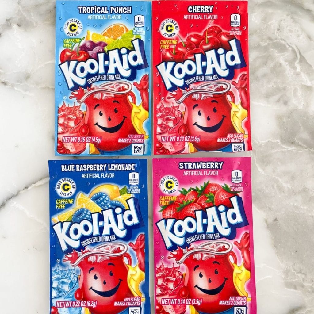 Tropical punch, cherry Kool-Aid packets.