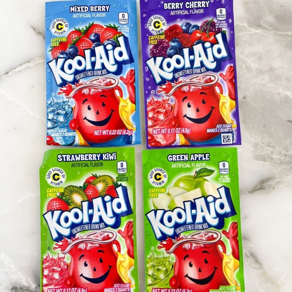 Mixed berry, wild cherry, strawberry kiwi, green apple Kool-Aid.