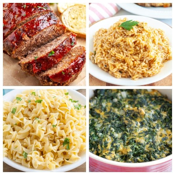 Sliced meatloaf, rice, egg noodles, and spinach.