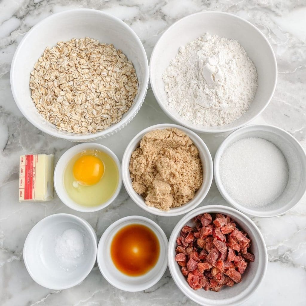 Bowl oatmeal, flour, sugar, egg, dried strawberries, butter.