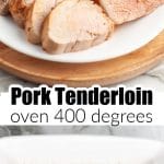 Sliced pork tenderloin on a plate and uncooked tenderloin in baking dish.