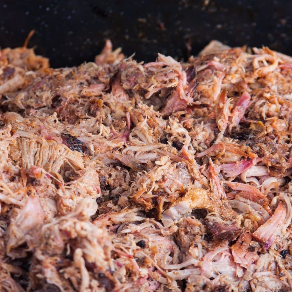 Pulled pork on a table.