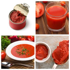 Can of tomato paste and bowls of tomato sauce.