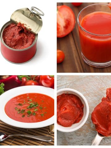 Can of tomato paste and bowls of tomato sauce.