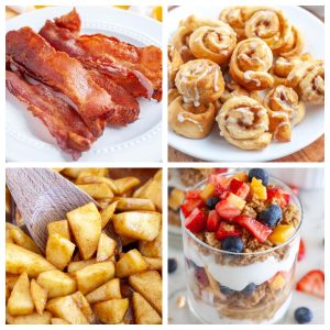 Bacon, cinnamon rolls, parfait, and cinnamon apples.