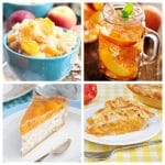 Slice of peach pie, peach cheesecake, peach cobbler, and glass of peach tea.