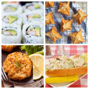 Sushi rolls, crab wontons, crab cake, crab sandwich.