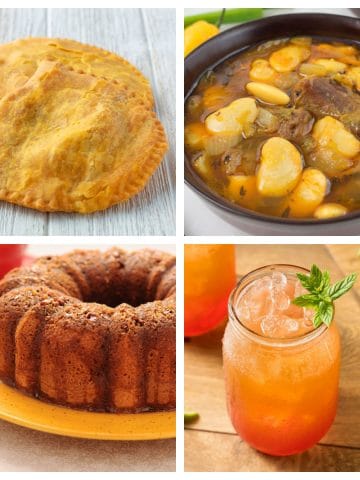 A pasty, oxtail stew, rum cake, and rum cocktail.