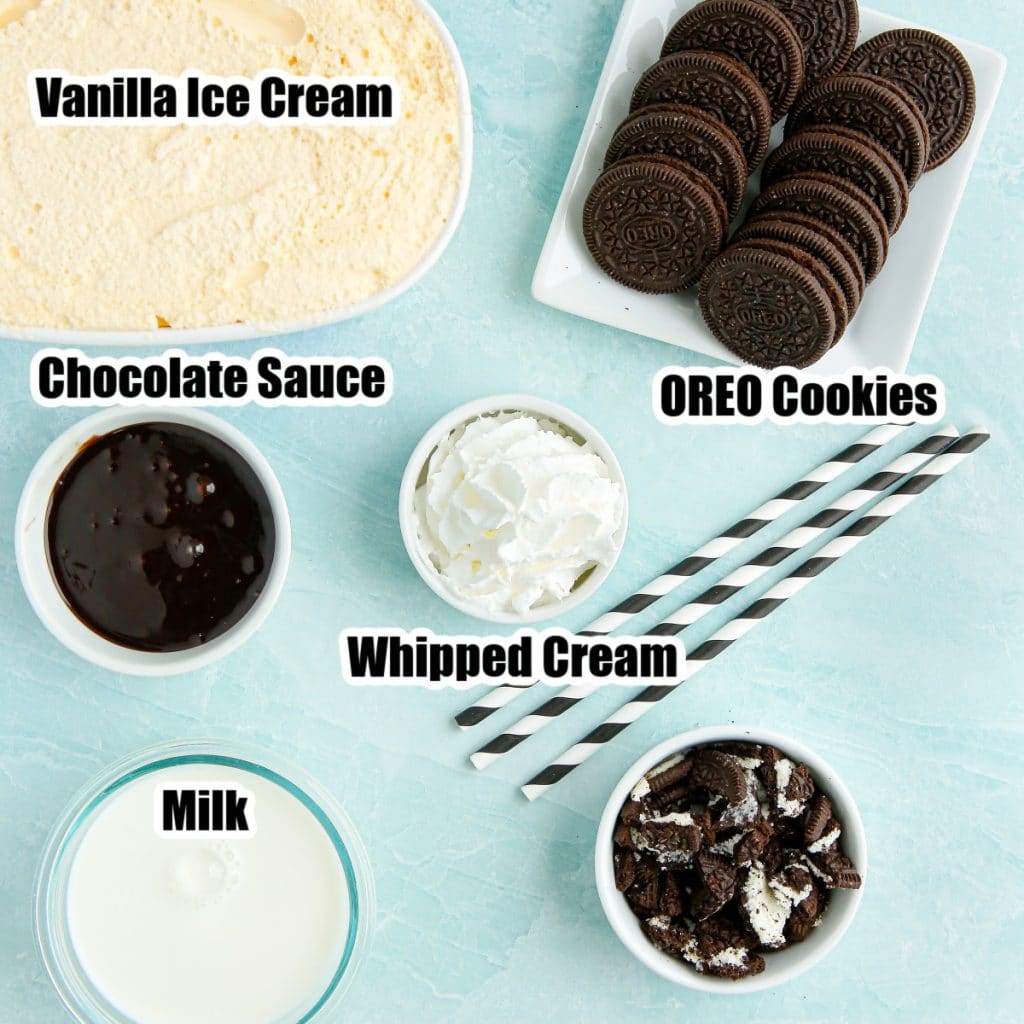 Vanilla ice cream, Oreo cookies, chocolate sauce, milk, and straws.