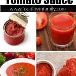 Jar of tomato paste, bowl of tomato soup, bowl of tomato sauce.