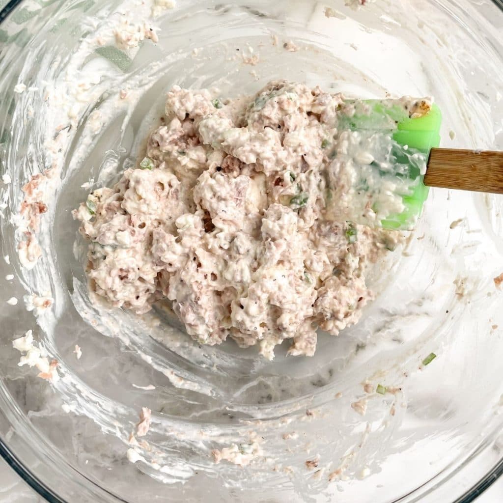 Bowl filled with creamy tuna dip and a green spatula.