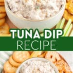 Bowl of tuna dip with crackers and vegetables.