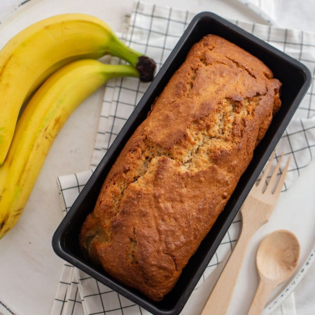 Banana bread in a pan.