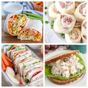 Chicken wrap, chicken salad, tortilla roll up, and stacked sandwich.