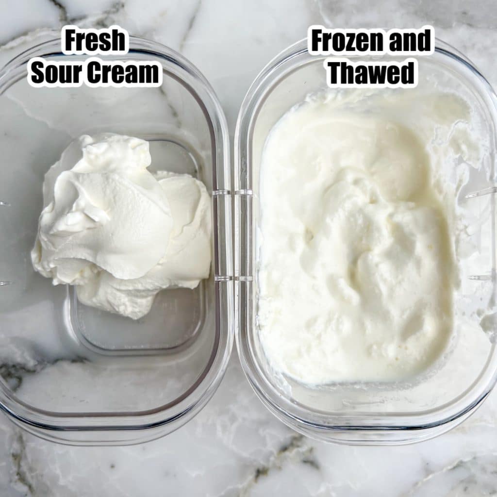 Container with fresh sour cream and one with frozen sour cream.